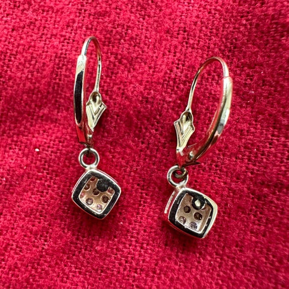14k gold square diamond lever back earrings - Picture 2 of 10